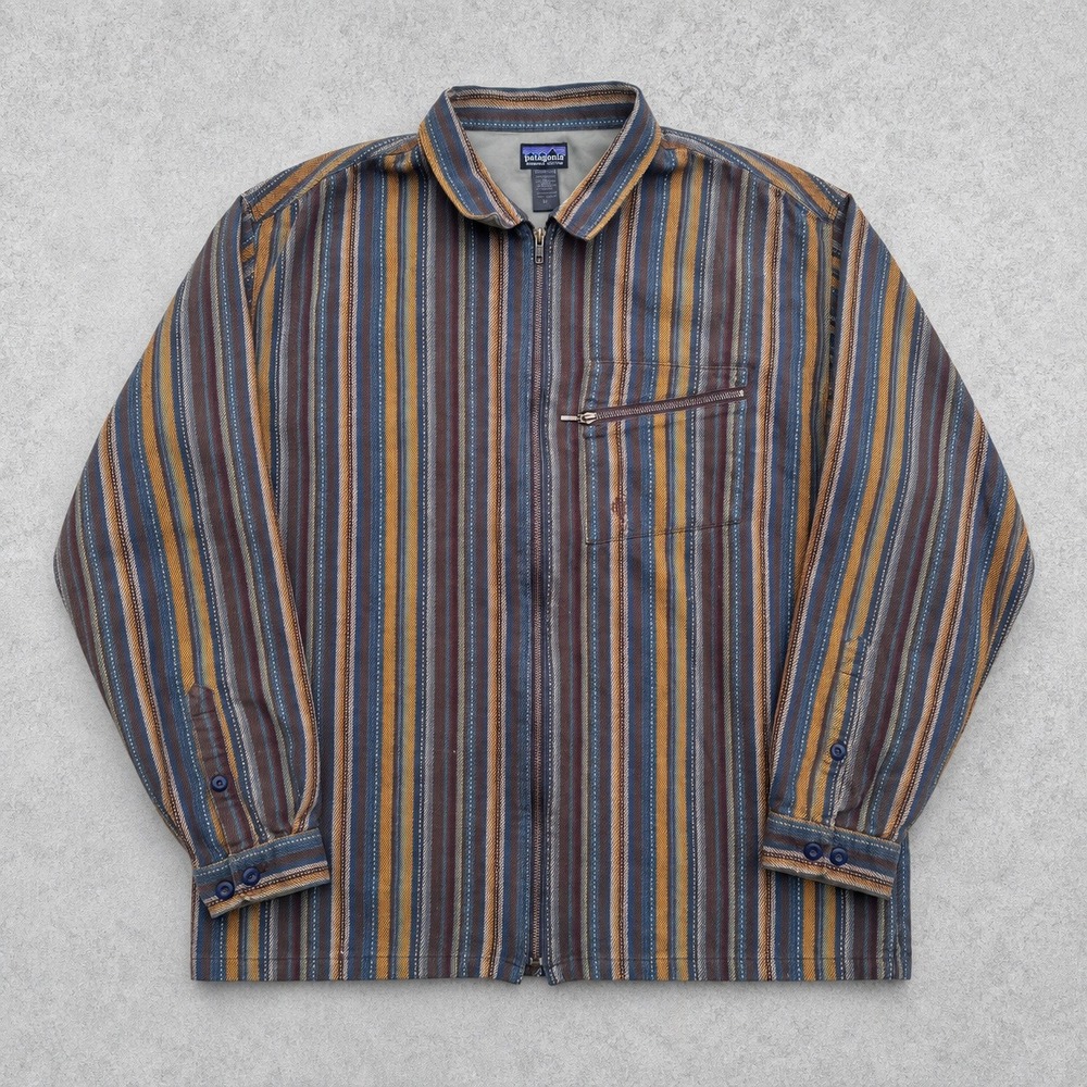Patagonia Rythm Splitter Full Zip Stripe Shirt Jacket Mens XL Brown Blue Ochre